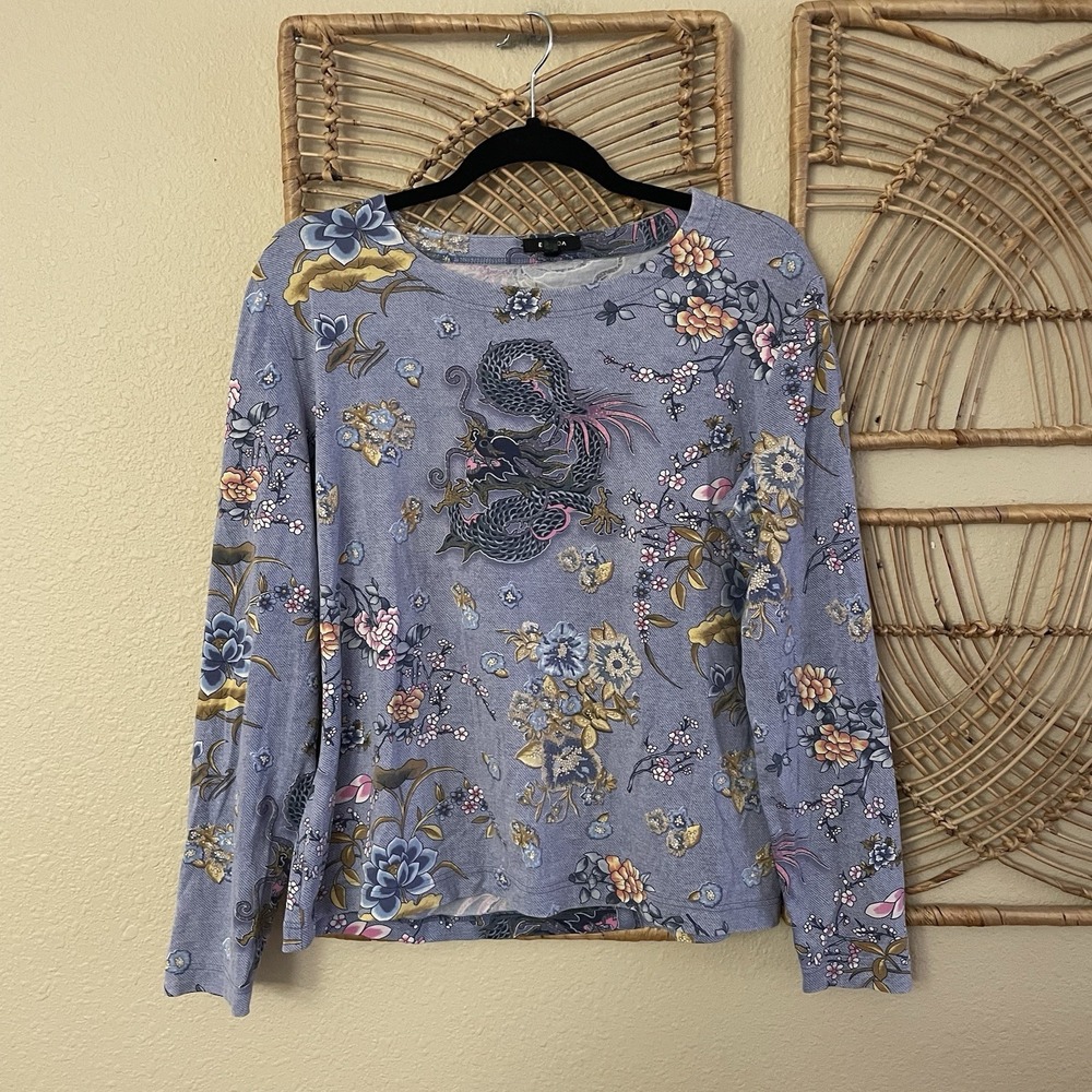 Vintage Escada Asian Dragon Floral‎ Print Blouse Top Blue Artsy *see msrmts B26